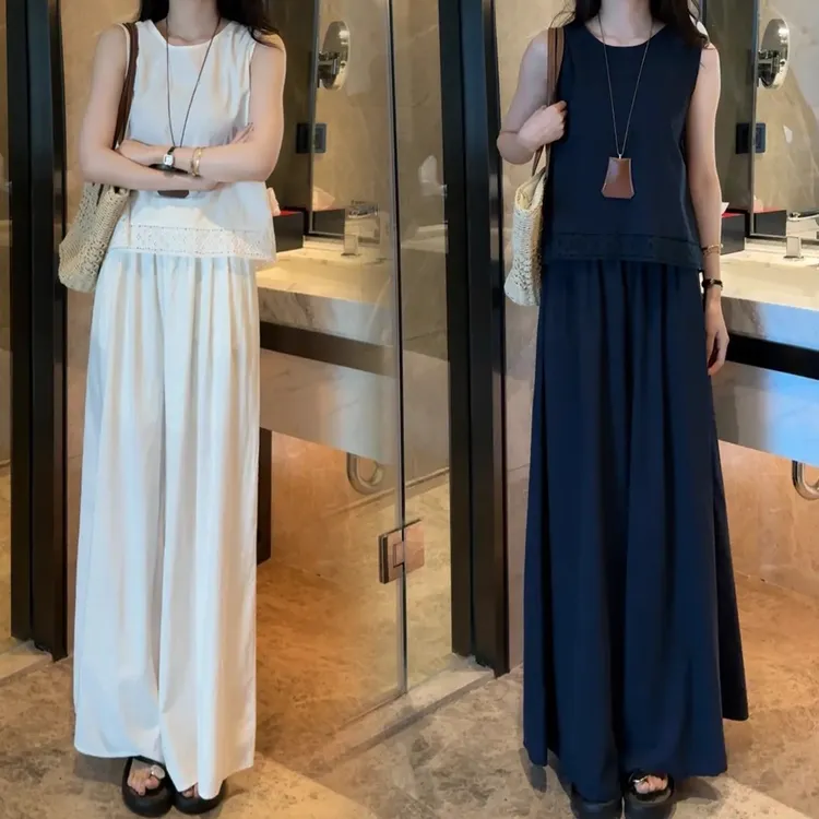 拉夏贝尔法式时尚洋气无袖套装女2025夏季新款百搭无袖阔腿裤套装