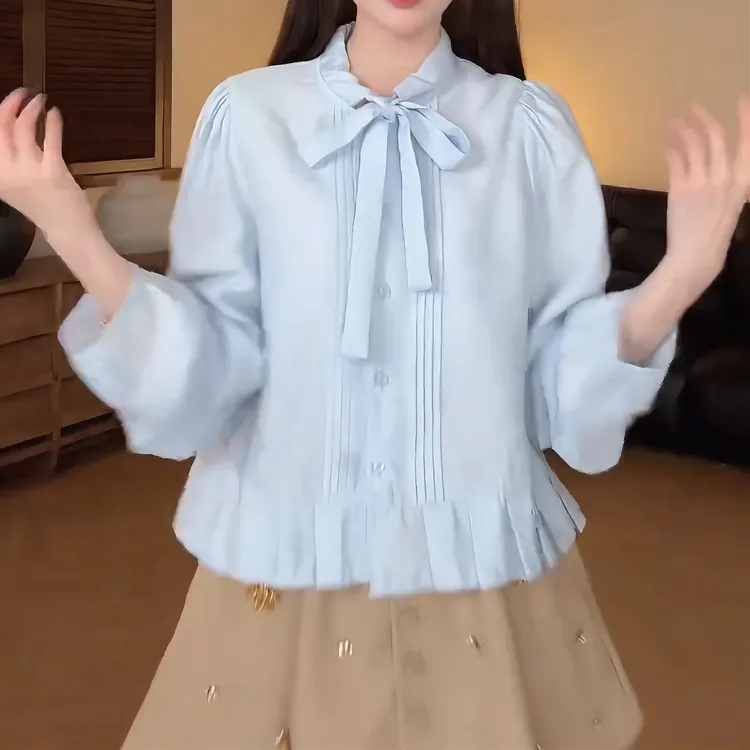 2025新款春夏韩系绑带蝴蝶结甜美气质百搭宽松上衣衬衫LK2501712