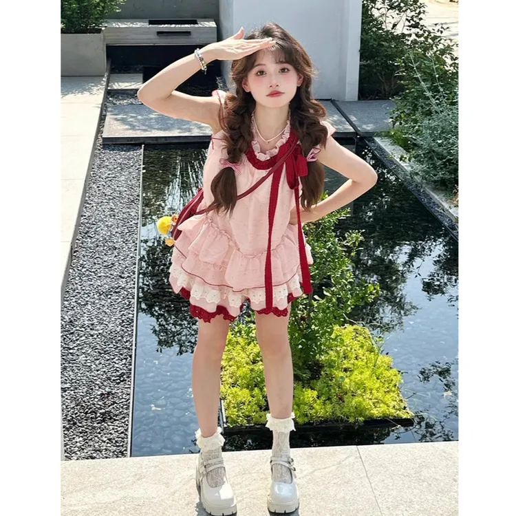 可爱风粉色连衣裙女夏日绝美小裙子小飞袖小个子蛋糕短裙两件套装