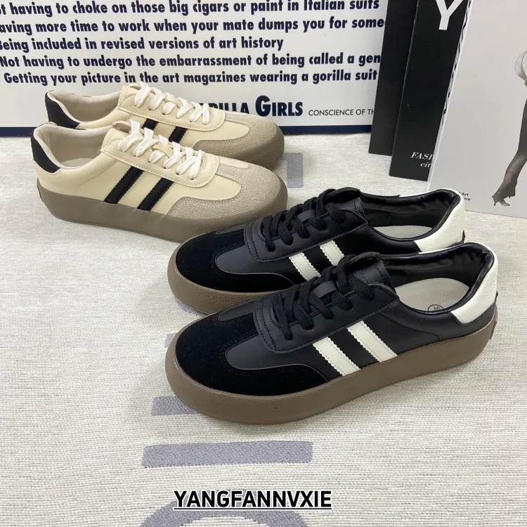 2025秋季新款米色德训鞋男百搭鞋子小众板鞋学生港风厚底休闲鞋潮