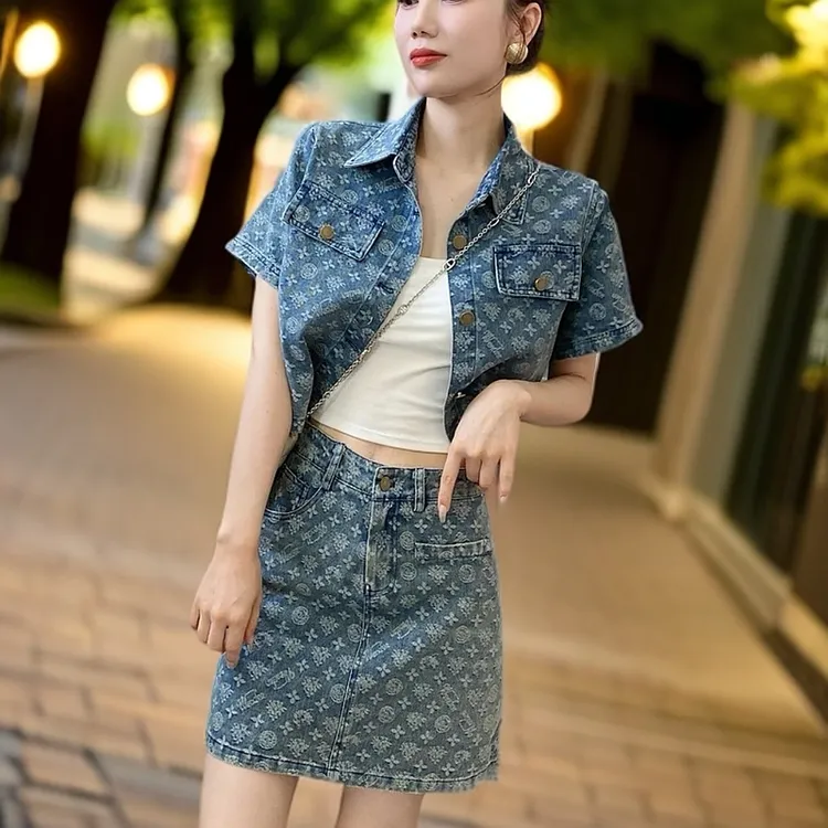 夏季新款显瘦水洗时尚百搭短袖牛仔外套+半身裙两件套洋气套装女