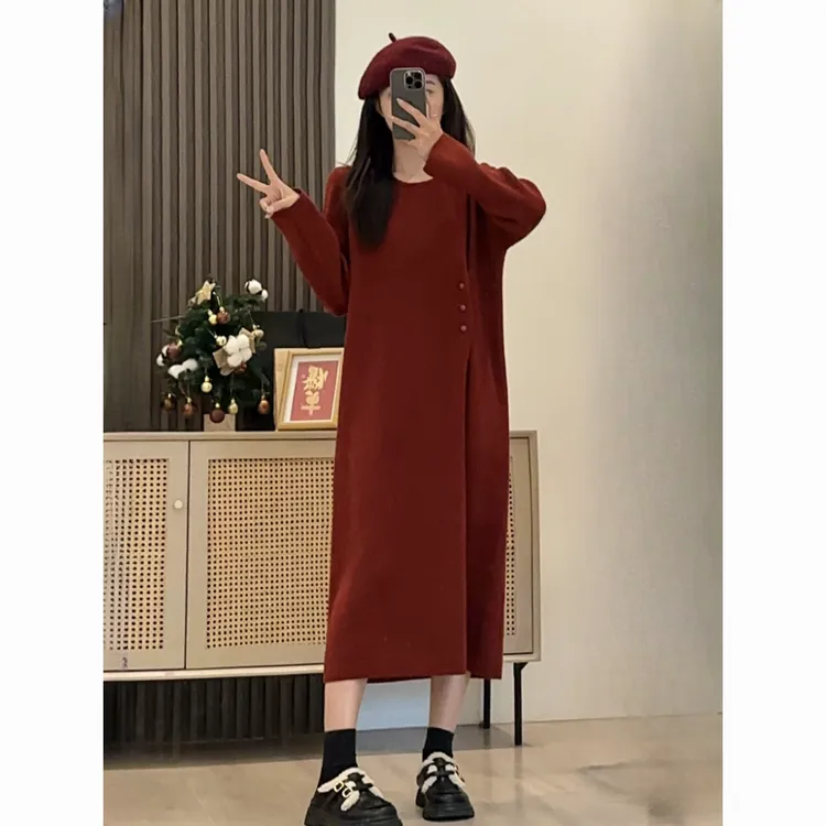 秋冬款胖MM特大码300斤法式气质长袖连衣裙女内搭圆领打底长裙子