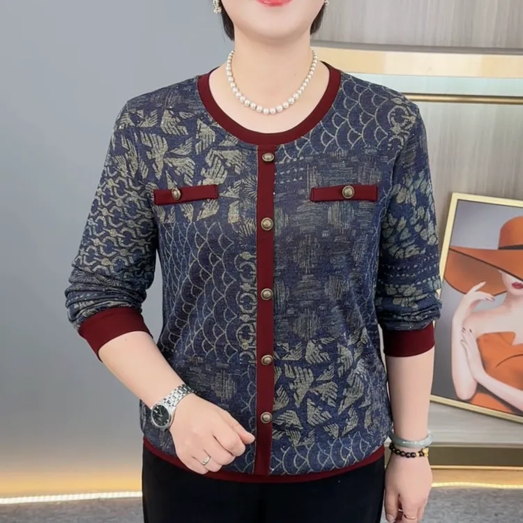 秋季新款时尚圆领中老年洋气妈妈装减龄百搭休闲长袖上衣H3011