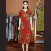 【红牡丹】2025夏季妈妈装气质短袖连衣裙洋气中老年女装宽松长裙