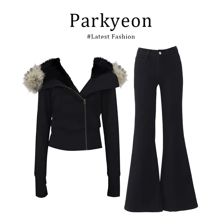 MARIE.COCO韩系高级感连帽毛领外套女秋冬新款显瘦喇叭裤套装