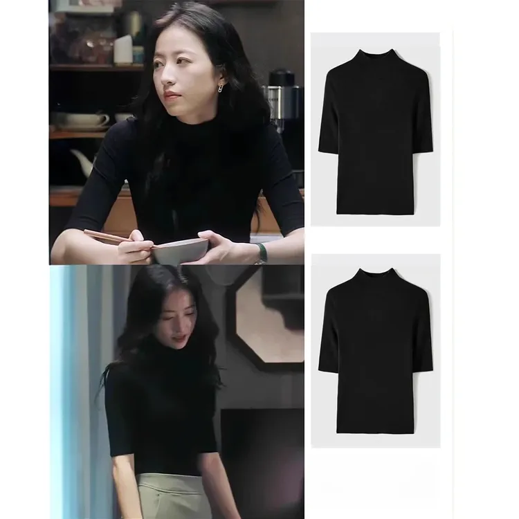 高级感气质黑色半高领打底衫正肩短袖女早秋修身显瘦中袖内搭上衣