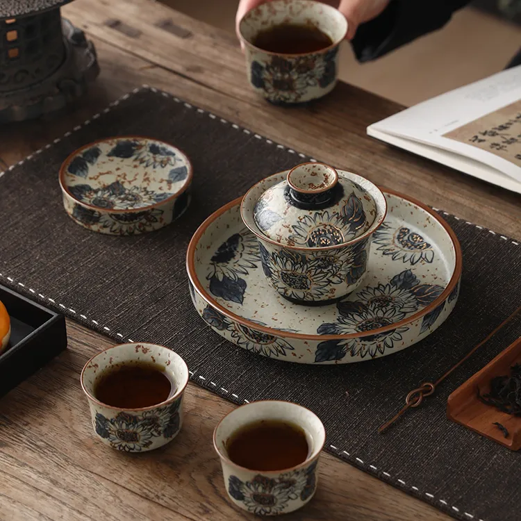 火石红悬停高温瓷三才盖碗手绘青花开片家用送礼防烫茶碗