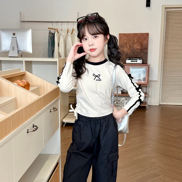 现货【蝴蝶结袖T】7707女童秋季新款T恤女宝休闲上衣女孩百搭打底衫