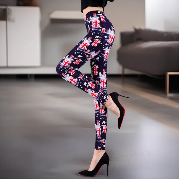 欧美百搭牛奶丝弹性打底裤星条图案印花可外穿薄款小脚裤九分长裤