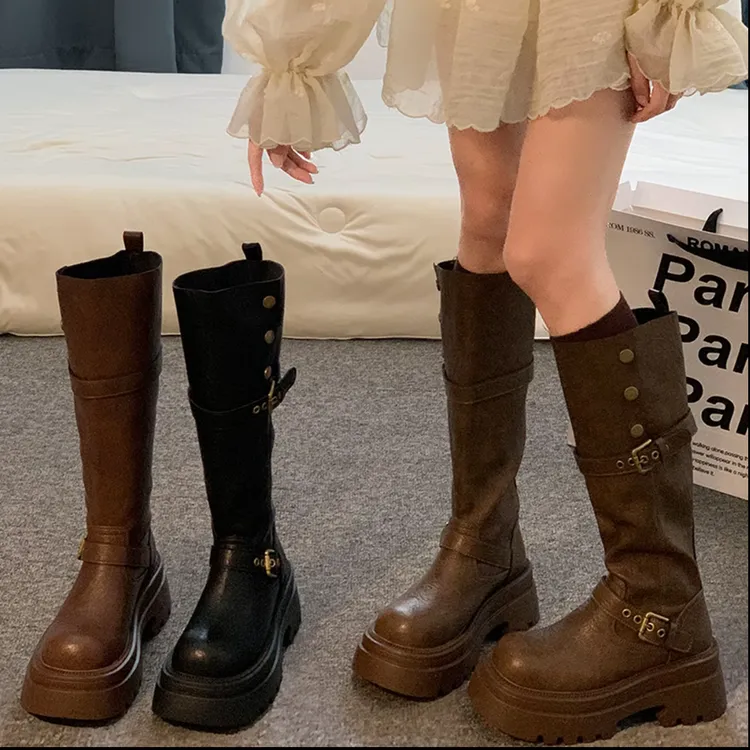 厚底增高美拉德棕色长筒靴女2025新款不过膝显瘦骑士靴高筒长靴子