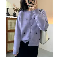温柔风设计感立体爱心洋气圆领针织开衫韩版手工包扣秋季毛衣外套