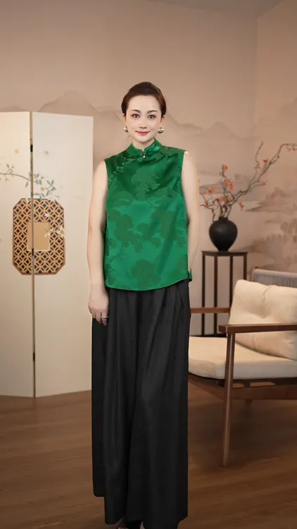 《翠松》重缎提花无袖马甲