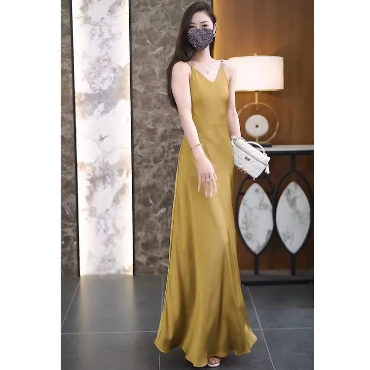 【鎏金浪漫】超长醋酸连衣裙显瘦气质吊带裙轻奢肌理感缎面加长裙