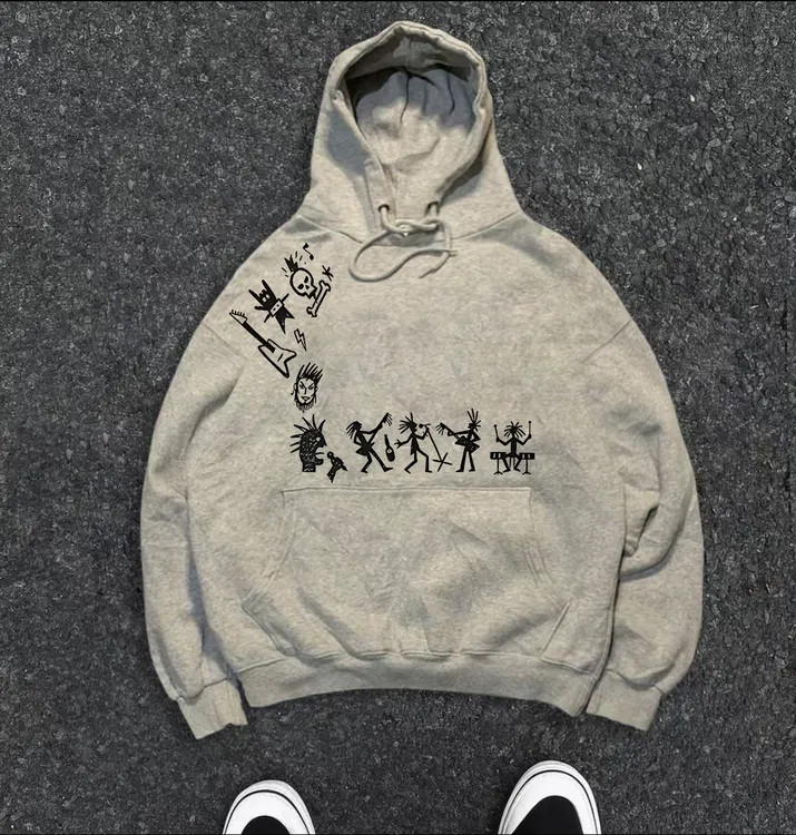 美式复古秋冬薄款男士卫衣连帽衫痞帅卡通图案宽松青少年外套