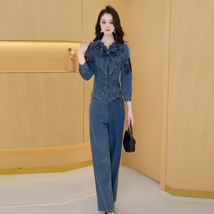 【两件套】秋季时尚修身宽松洋气休闲收腰显瘦减龄牛仔女装套裤