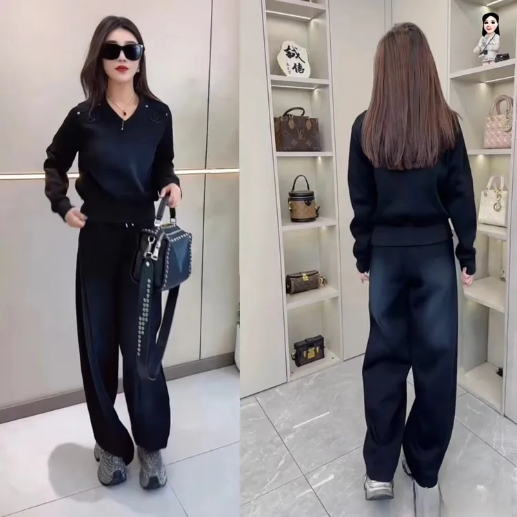 韩版休闲时尚套装冬季网红加绒洋气圆领宽松减龄显瘦卫衣卫裤潮