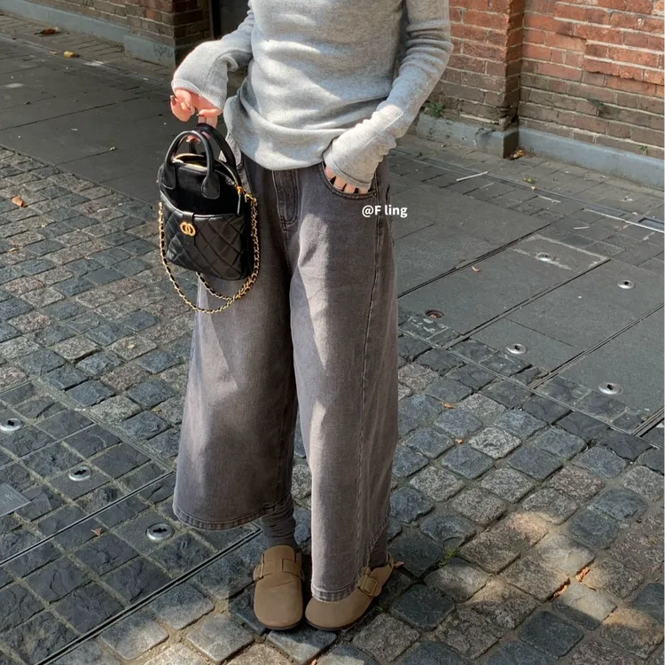 【芳龄F.LING】烟灰色8分休闲牛仔裤百搭水洗FL0885