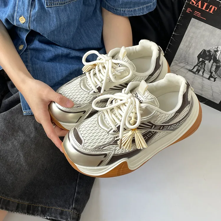 厚底网面丑萌老爹鞋女2025秋季新款串珠透气增高休闲鞋百搭面包鞋