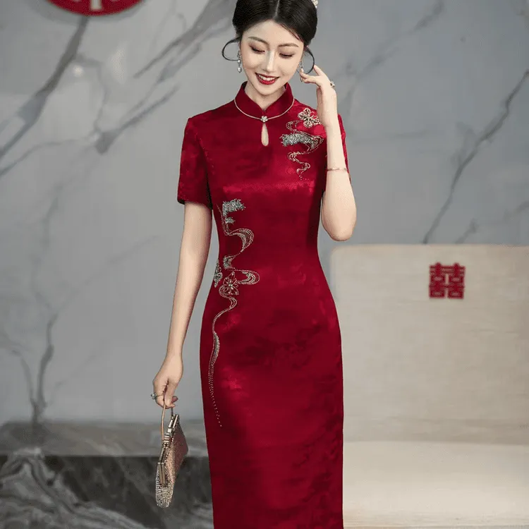 喜婆婆醋酸高档礼服旗袍平时可穿婚礼新娘显瘦夏季薄款红色国风