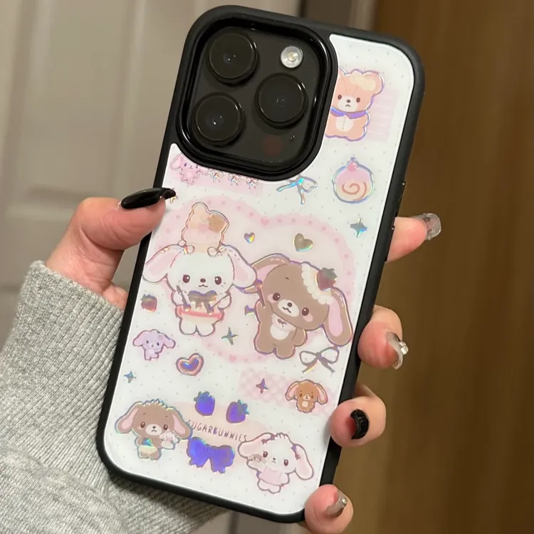 卡通可爱鎏金兔子玻璃黑边适用苹果iPhone16promax手机壳15/14/13