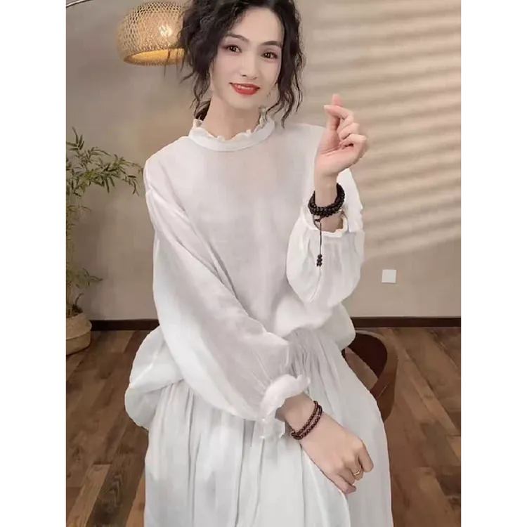 2025春款苎麻白色上衣女新款小众气质宽松显瘦长袖百搭花边领衬衫