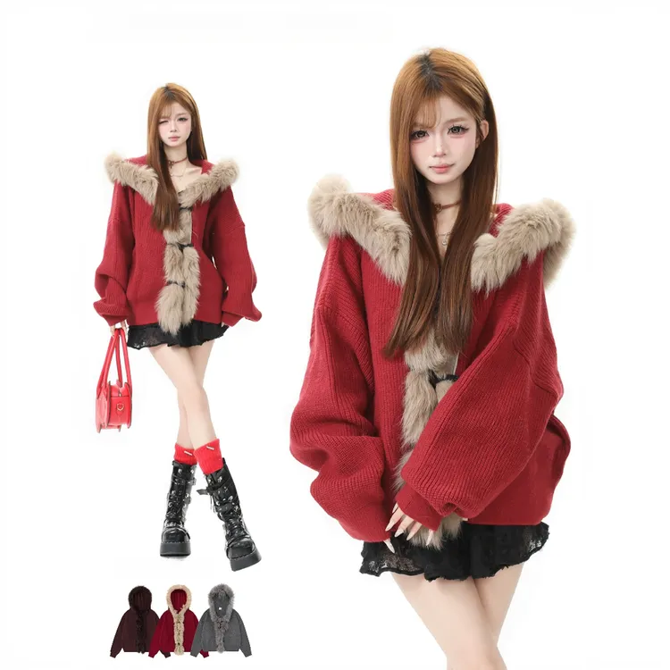 美式氛围感毛领毛衣外套新年红色穿搭秋冬新款慵懒风百搭针织上衣