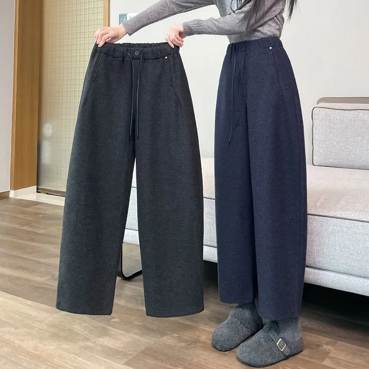 窄版阔腿裤女休闲秋冬季毛呢八分糯米直筒保暖加绒加厚弯刀奶奶裤