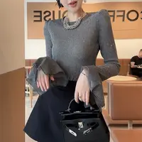 XIAOBAI秋季长袖荷叶袖显瘦极简风T恤