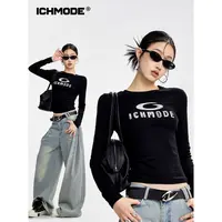ICHMODE美式修身正肩长袖T恤女小上衣显瘦运动户外休闲夏季宽松