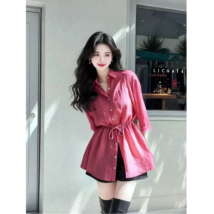 韩系减龄小众设计感玫红色收腰显瘦衬衫式连衣裙女2025爆火新款
