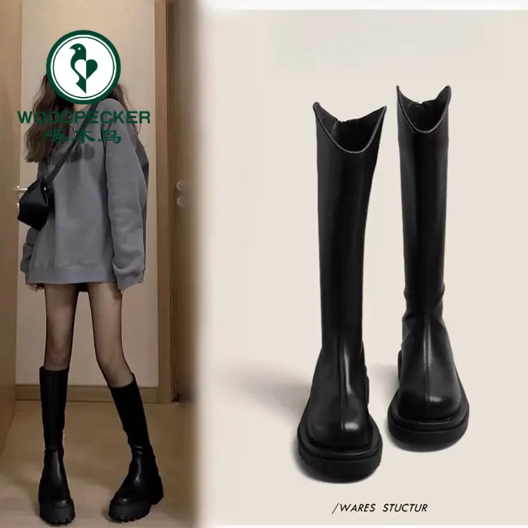 啄木鸟厚底长筒靴女胖mm粗腿大筒围长靴加宽女学生V口显瘦骑士靴