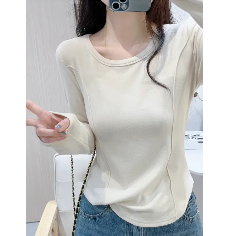 优质版U领双面磨毛加厚打底衫女秋冬通勤穿搭短款内搭长袖T恤上衣