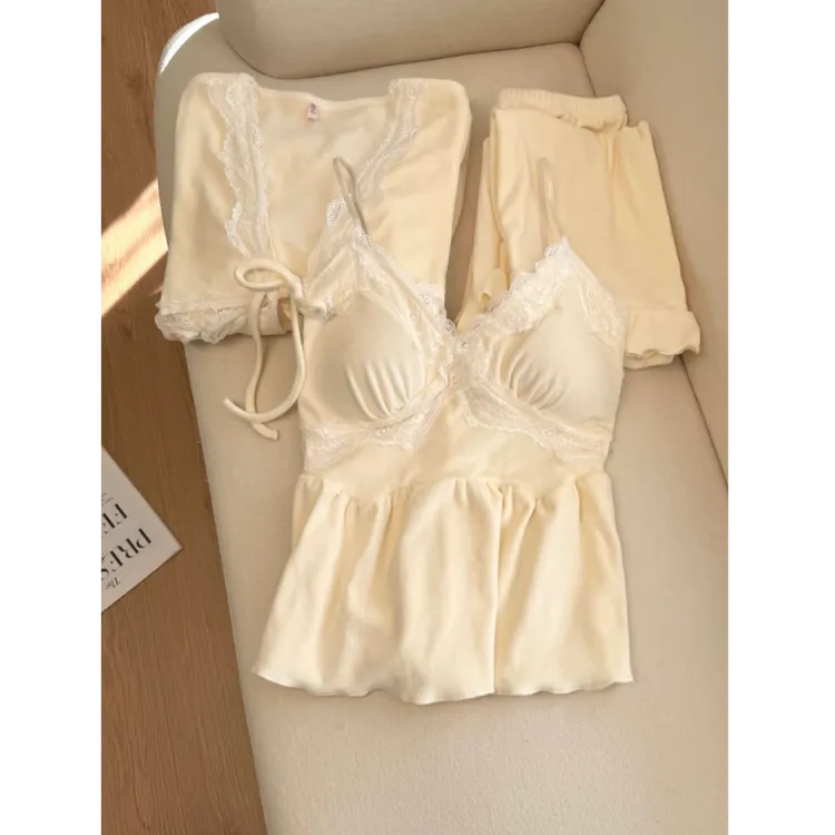 【露思同款】法式轻奢纯欲海岛绒秋冬睡衣带胸垫甜美蕾丝家居服套装