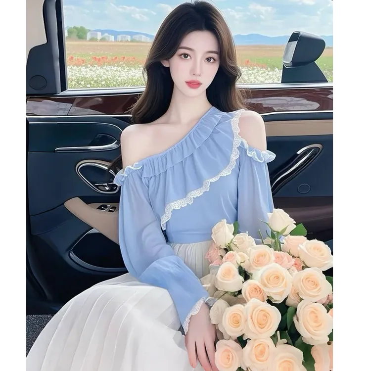 韩系小个子蓝色蕾丝荷叶边衬衫女2025春季独特超好看单穿上衣套装