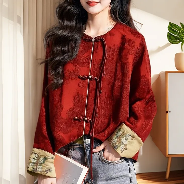 新中式女装中国风红色盘扣流苏外套女2025春季新款小香风提花上衣