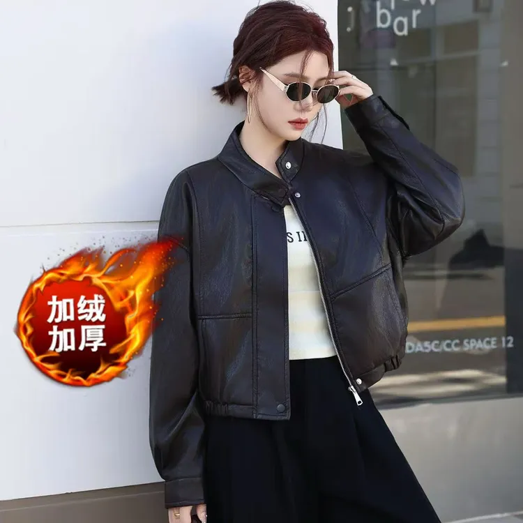 加绒加厚皮衣外套女2025冬季新款时尚休闲复古立领皮夹克8919