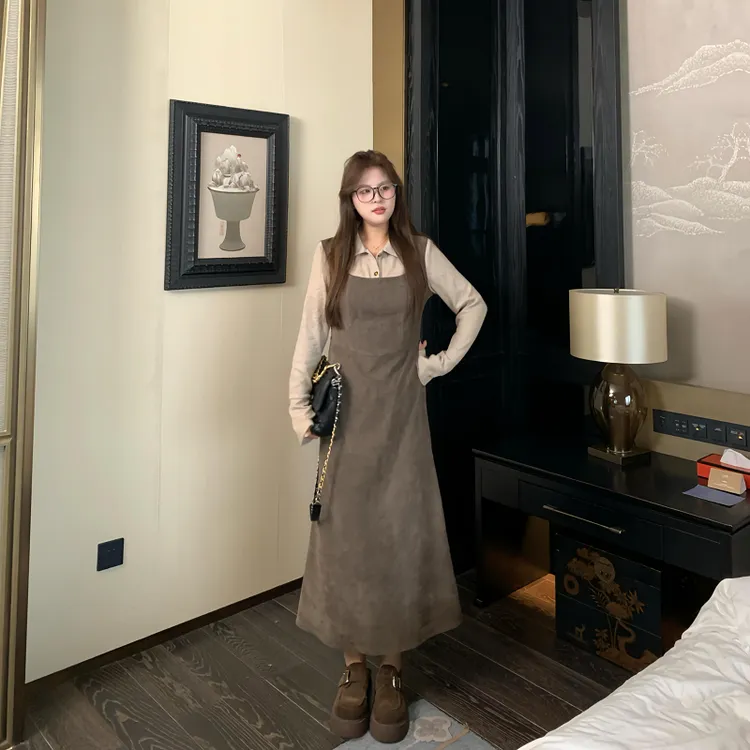 盈盈&南岛风大码女装拼接假两件连衣裙秋季胖mm显瘦长裙子ZYY2552
