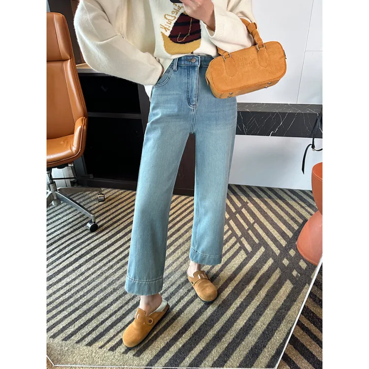 保暖加绒浅色直筒牛仔裤女秋冬新款梨形小个子显瘦弹力九分烟管裤