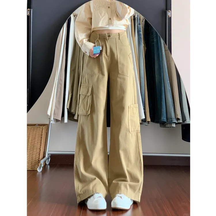 美式卡其多口袋工装裤高腰牛仔裤女宽松休闲垂感设计感阔腿拖地裤