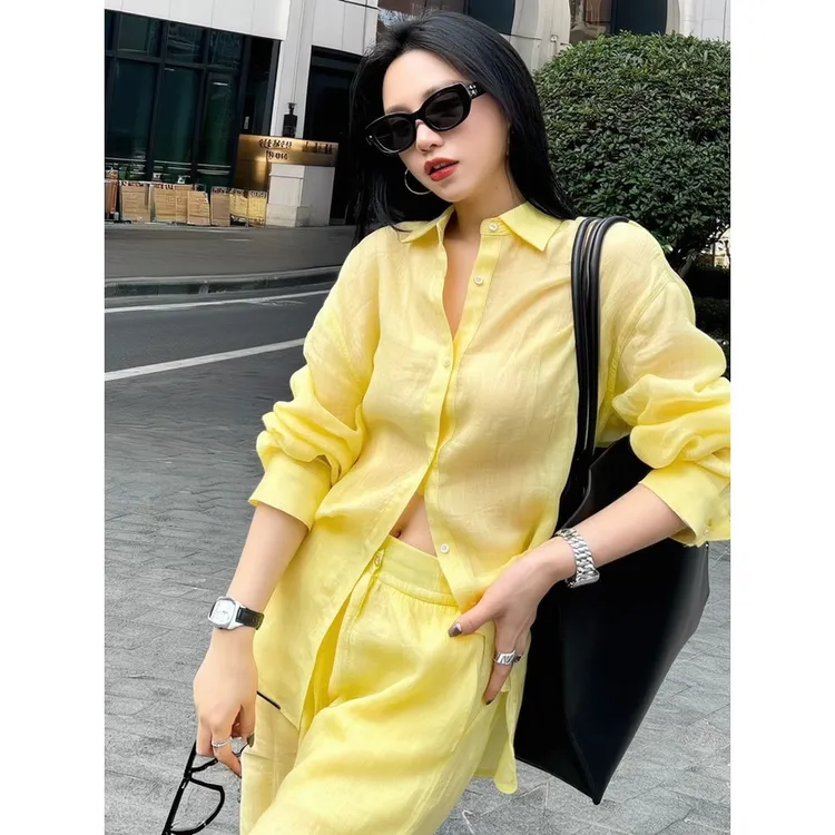 老钱风黄色亚麻衬衫套装女2025夏松弛感慵懒宽松防晒衣裤子两件套