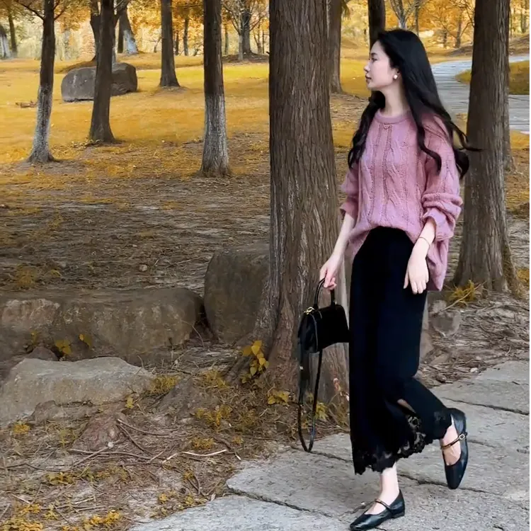 2025秋季新款女装温柔慵懒风软糯针织衫毛衣显瘦花边蕾丝半身裙子