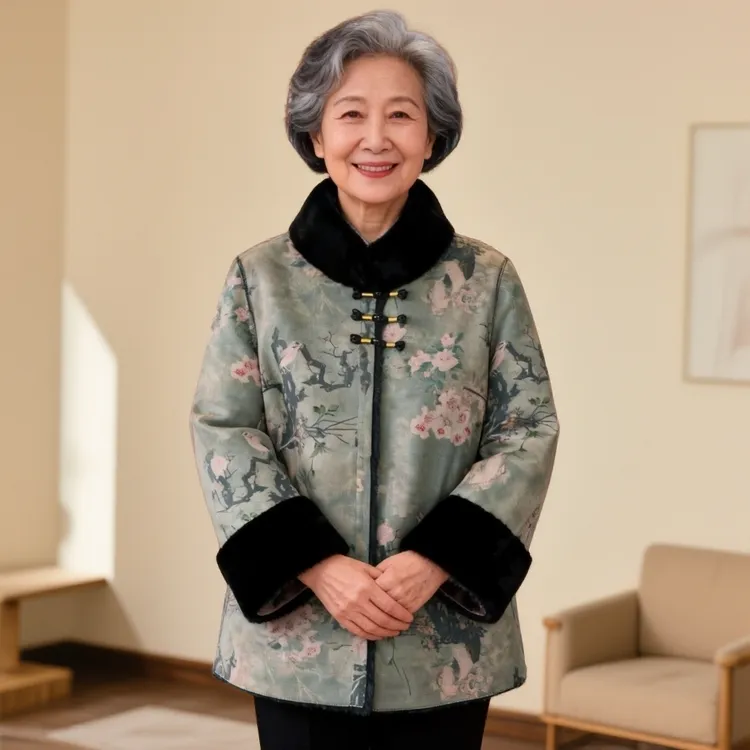 奶奶装加绒加厚外套两面穿中老年女一体绒保暖立领中式妈妈装大衣