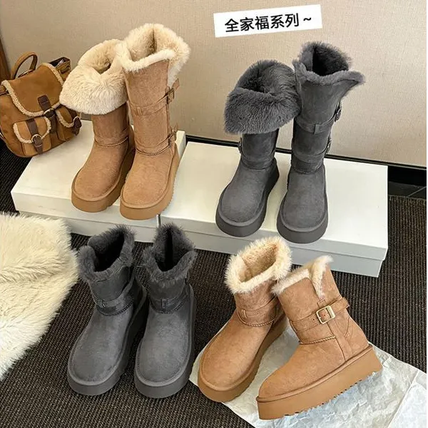 超软皮~厚底灰色长筒雪地靴2025冬季新款加厚防滑高筒靴东北棉鞋