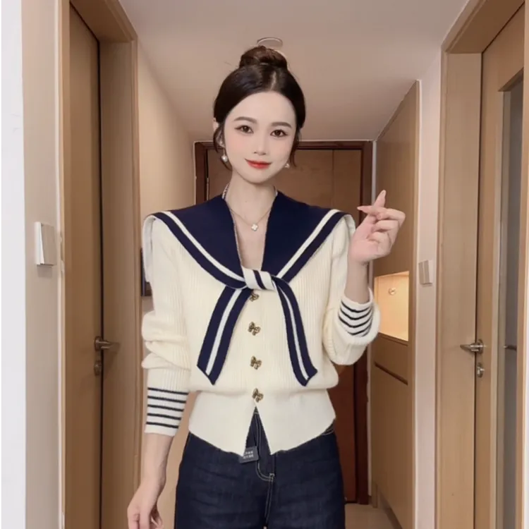 早秋穿搭新款学院风海军领披肩针织衫女时尚气质百搭女装法式上衣