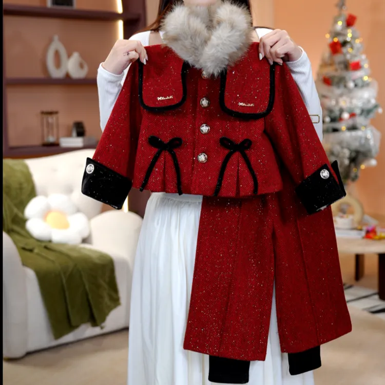 【耶诞】女童冬长袖小香风裤子加绒加厚英伦女孩呢子套装D17843