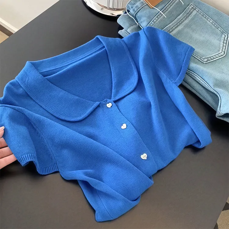 十一旅游出街衣服克莱因蓝色娃娃领针织正肩短袖T恤上衣2025新款