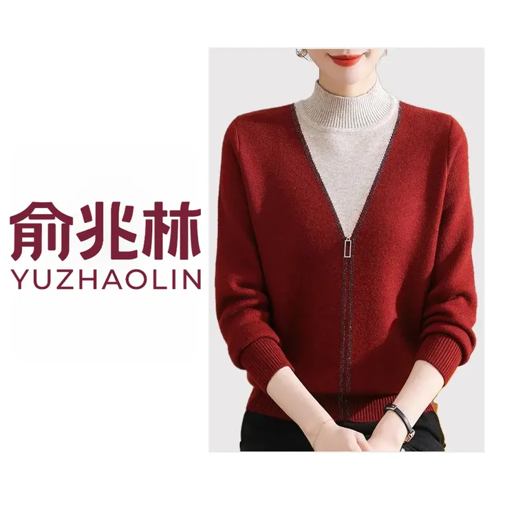 俞兆林2025年新款高端轻奢半高领假两件毛衣加绒加厚妈妈上衣秋冬