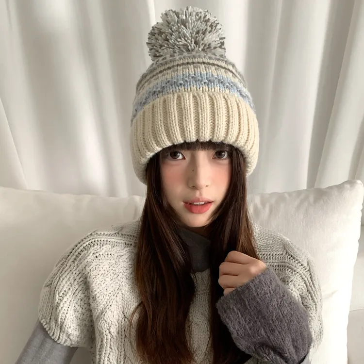 费尔岛毛球提花毛线帽子女款冬季大头围加厚护耳帽保暖防寒包头帽