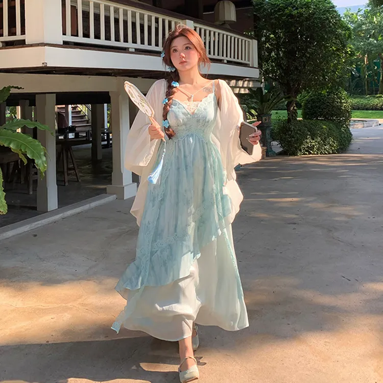安妮不火【纸舟渡松烟】蕾丝花边扎染盐系氛围感吊带裙女A251Q0162