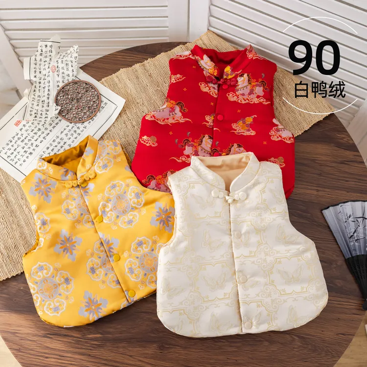 男女宝宝羽绒马甲中国风新年拜年服儿童羽绒服背心马甲保暖白鸭绒